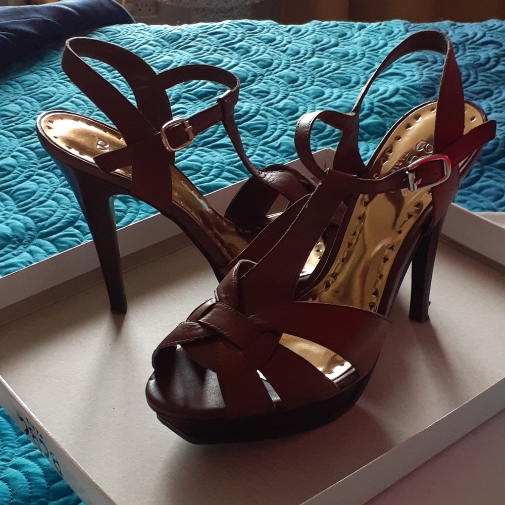Brown leather platform sandals